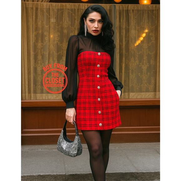 ZARA Fitted Textured Tweed Dress NWT | Red Black Blogger Favorite - Picture 3 of 16